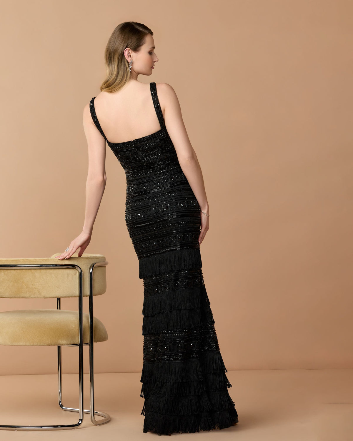 Mac Duggal Black Geometric Embllished Gown With Fringe