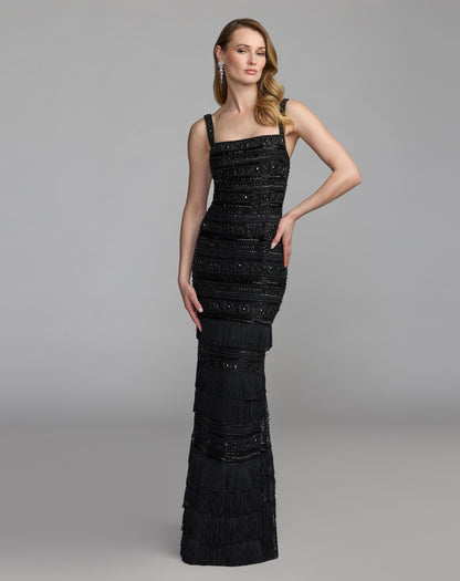 Mac Duggal Black Geometric Embllished Gown With Fringe