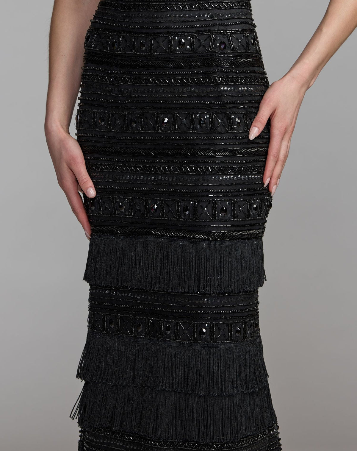 Mac Duggal Black Geometric Embllished Gown With Fringe