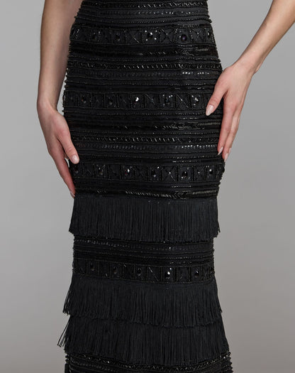Mac Duggal Black Geometric Embllished Gown With Fringe