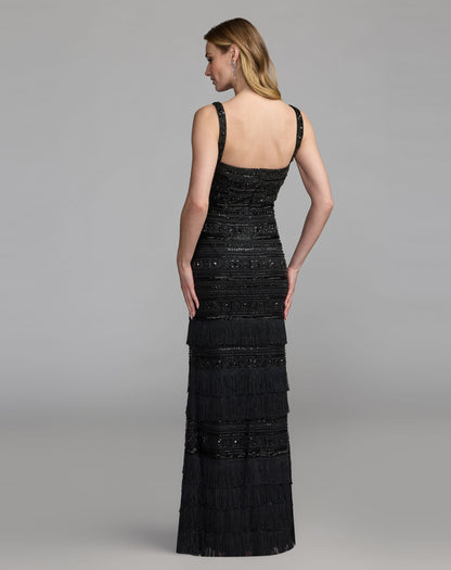 Mac Duggal Black Geometric Embllished Gown With Fringe