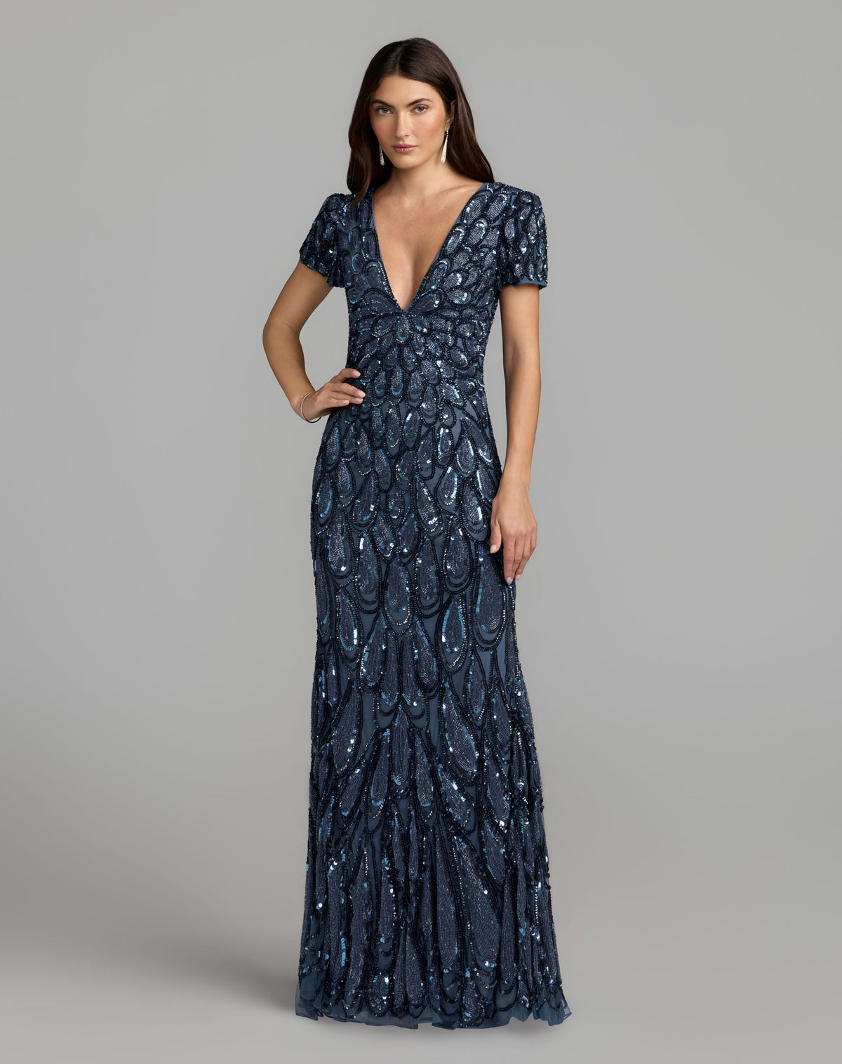 Mac Duggal Petite Blue Embellished Deep V-Neck Column Gown