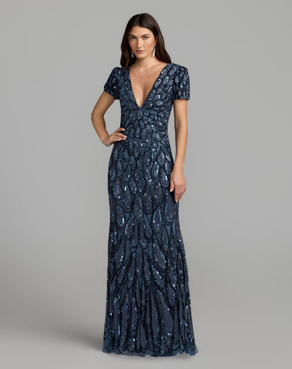 Mac Duggal Petite Blue Embellished Deep V-Neck Column Gown