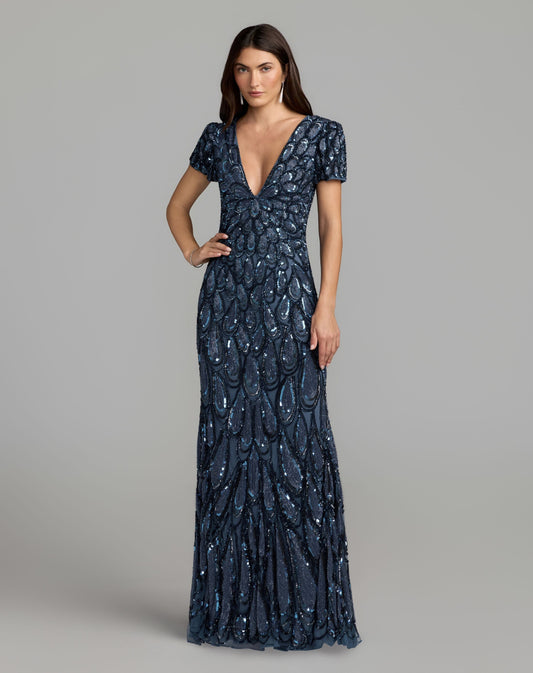 Mac Duggal Petite Blue Embellished Deep V-Neck Column Gown