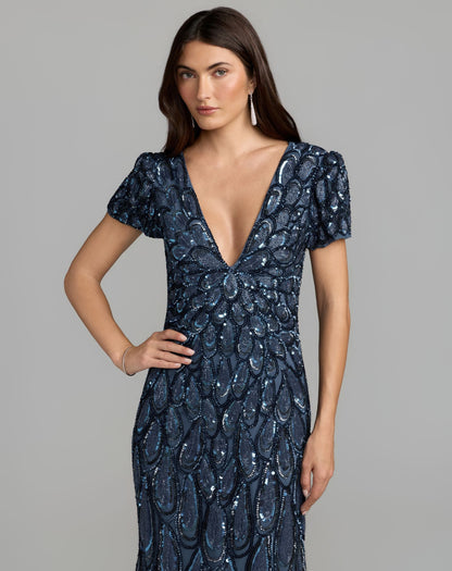 Mac Duggal Petite Blue Embellished Deep V-Neck Column Gown