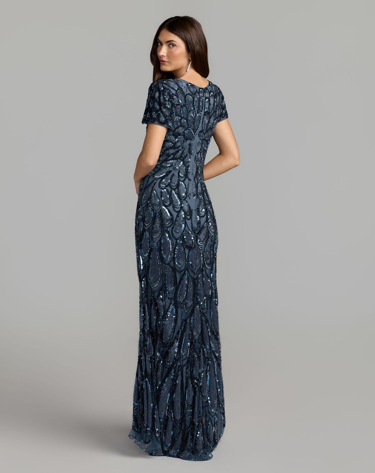 Mac Duggal Petite Blue Embellished Deep V-Neck Column Gown