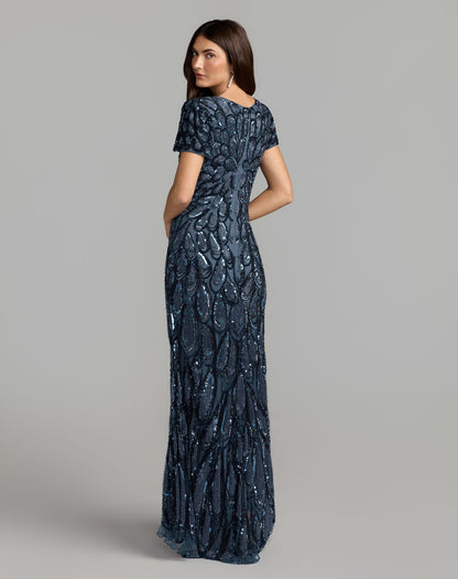 Mac Duggal Petite Blue Embellished Deep V-Neck Column Gown