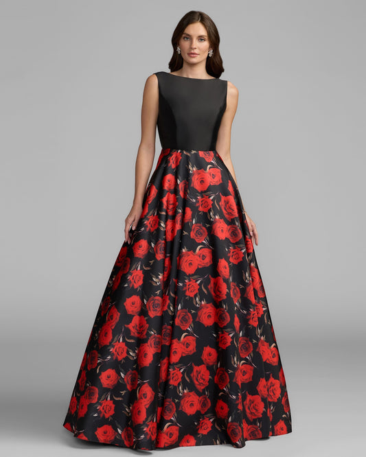 Mac Duggal Black And Red Floral Open Back Ball Gown