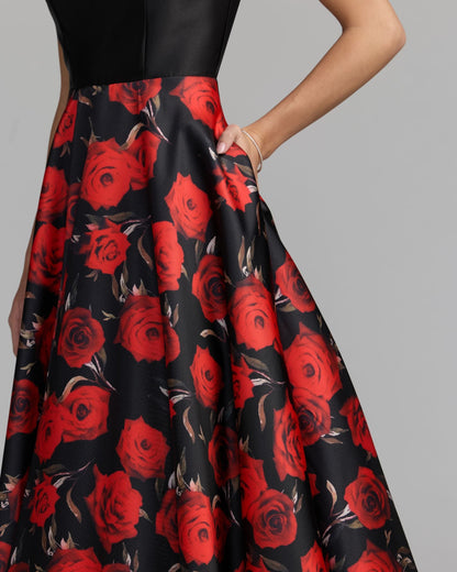 Mac Duggal Black And Red Floral Open Back Ball Gown