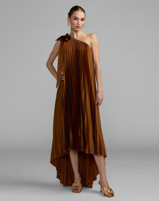 Mac Duggal Brown Pleated One Shoulder High Low Trapeze Gown