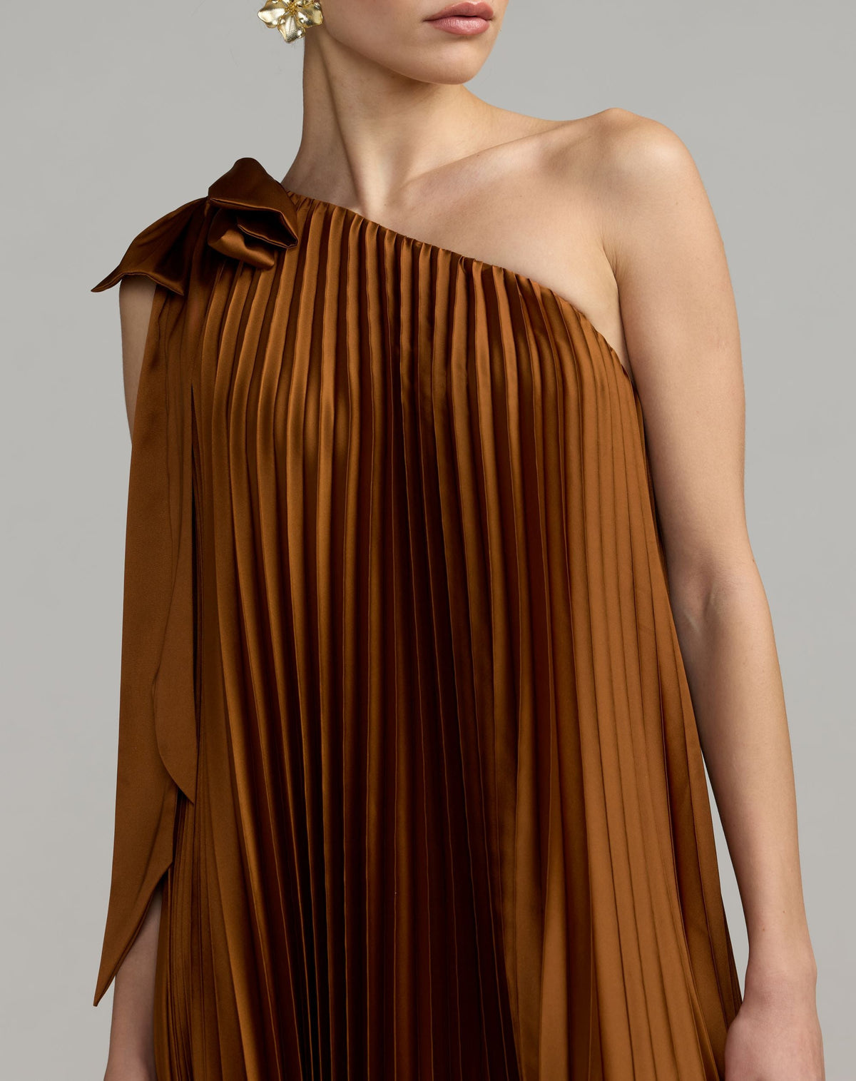 Mac Duggal Brown Pleated One Shoulder High Low Trapeze Gown