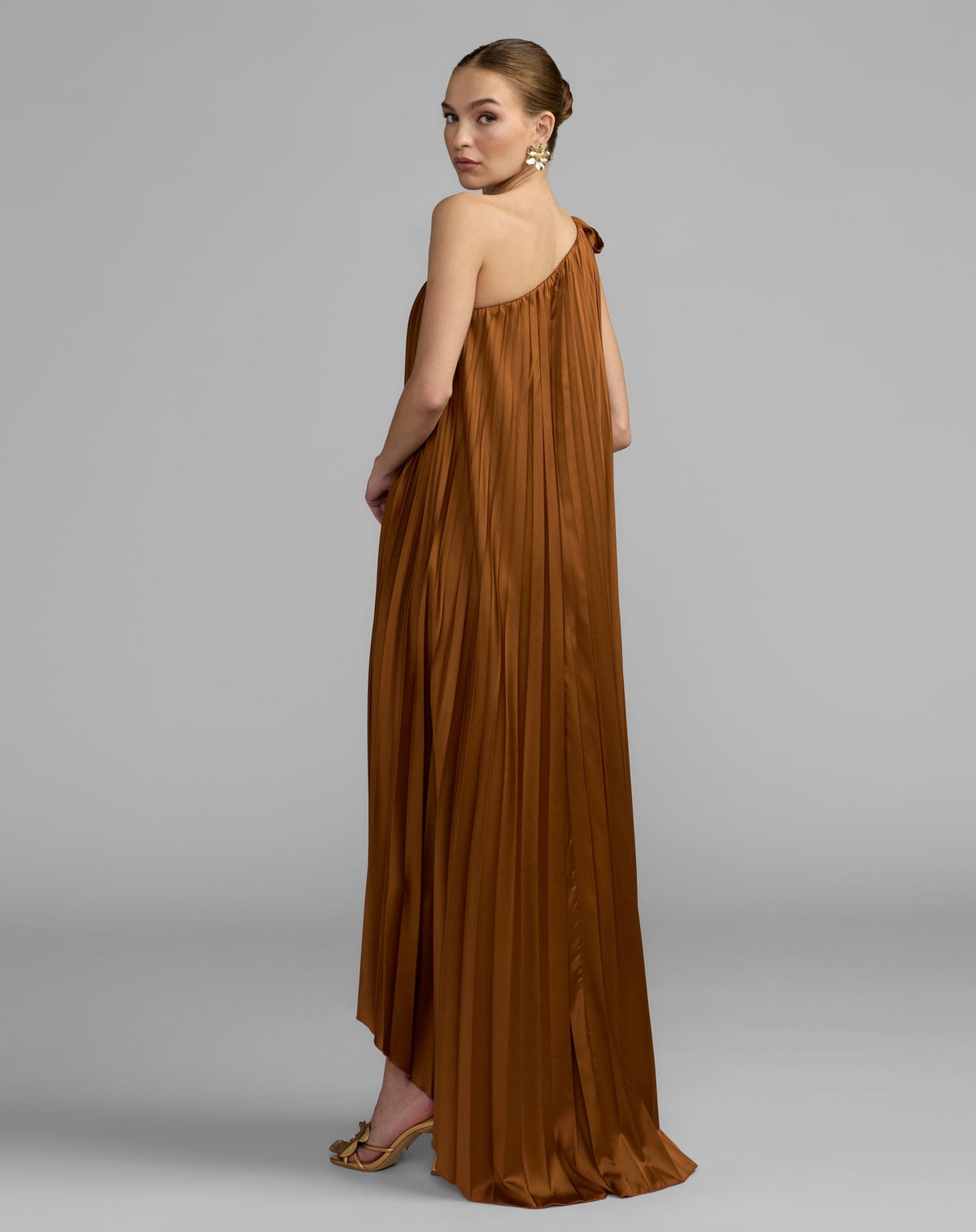 Mac Duggal Brown Pleated One Shoulder High Low Trapeze Gown