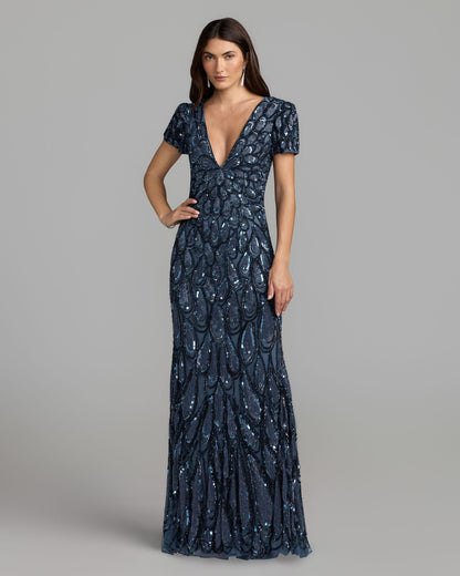 Mac Duggal Navy Blue Embellished Deep V-Neck Column Gown