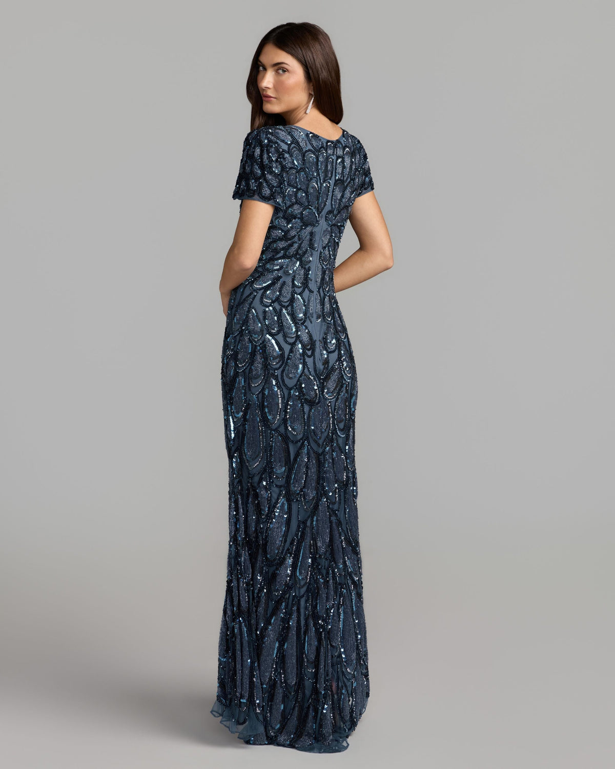 Mac Duggal Navy Blue Embellished Deep V-Neck Column Gown