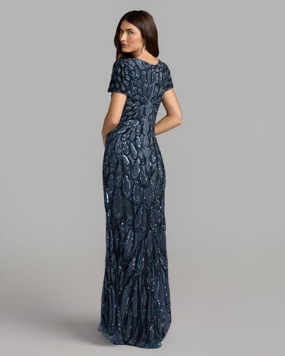Mac Duggal Navy Blue Embellished Deep V-Neck Column Gown