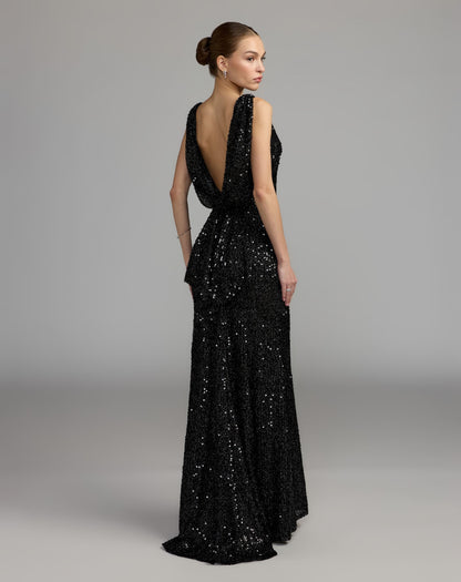 Mac Duggal Black Sleeveless Cowl Back Sequin Evening Gown