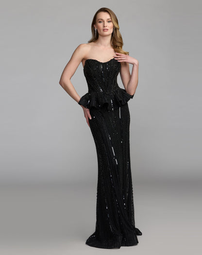 Mac Duggal Black Strapless Embellished Peplum Gown