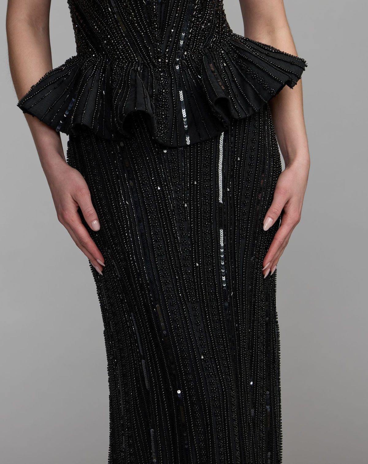 Mac Duggal Black Strapless Embellished Peplum Gown