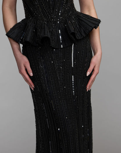 Mac Duggal Black Strapless Embellished Peplum Gown