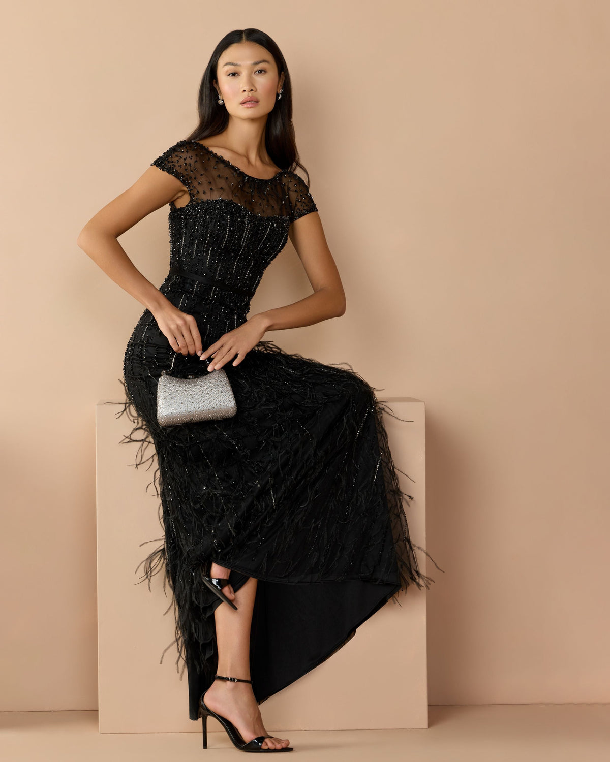 Mac Duggal Black Rhinestone Embellished Illusion Neck Feather Gown