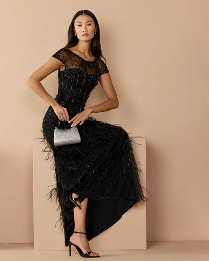 Mac Duggal Black Rhinestone Embellished Illusion Neck Feather Gown