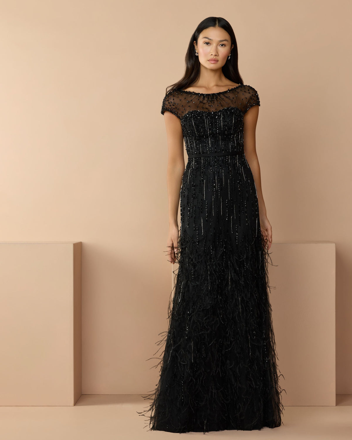 Mac Duggal Black Rhinestone Embellished Illusion Neck Feather Gown