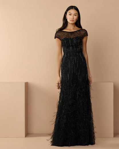Mac Duggal Black Rhinestone Embellished Illusion Neck Feather Gown
