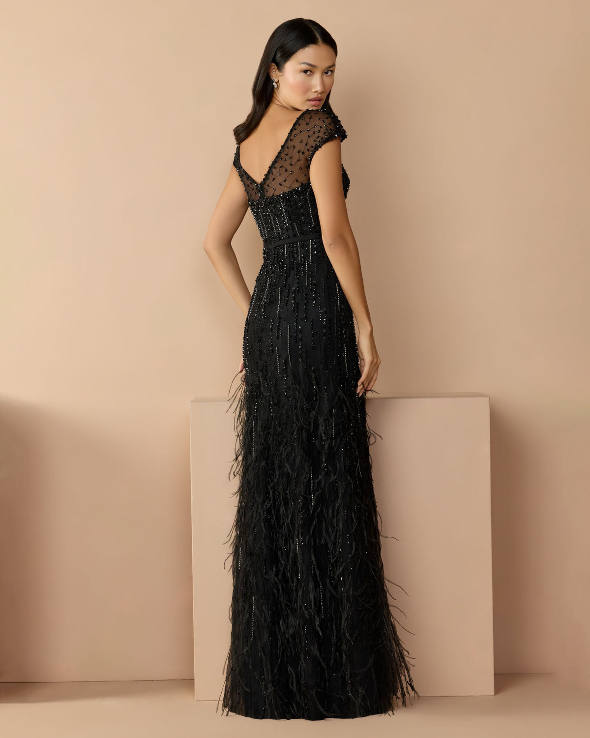 Mac Duggal Black Rhinestone Embellished Illusion Neck Feather Gown