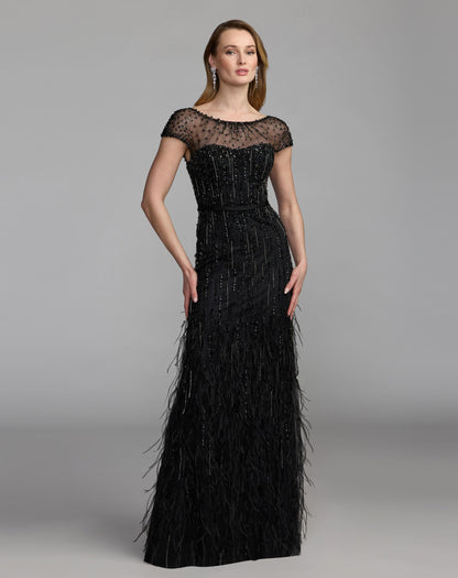 Mac Duggal Black Rhinestone Embellished Illusion Neck Feather Gown