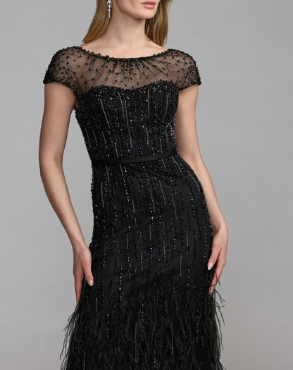 Mac Duggal Black Rhinestone Embellished Illusion Neck Feather Gown
