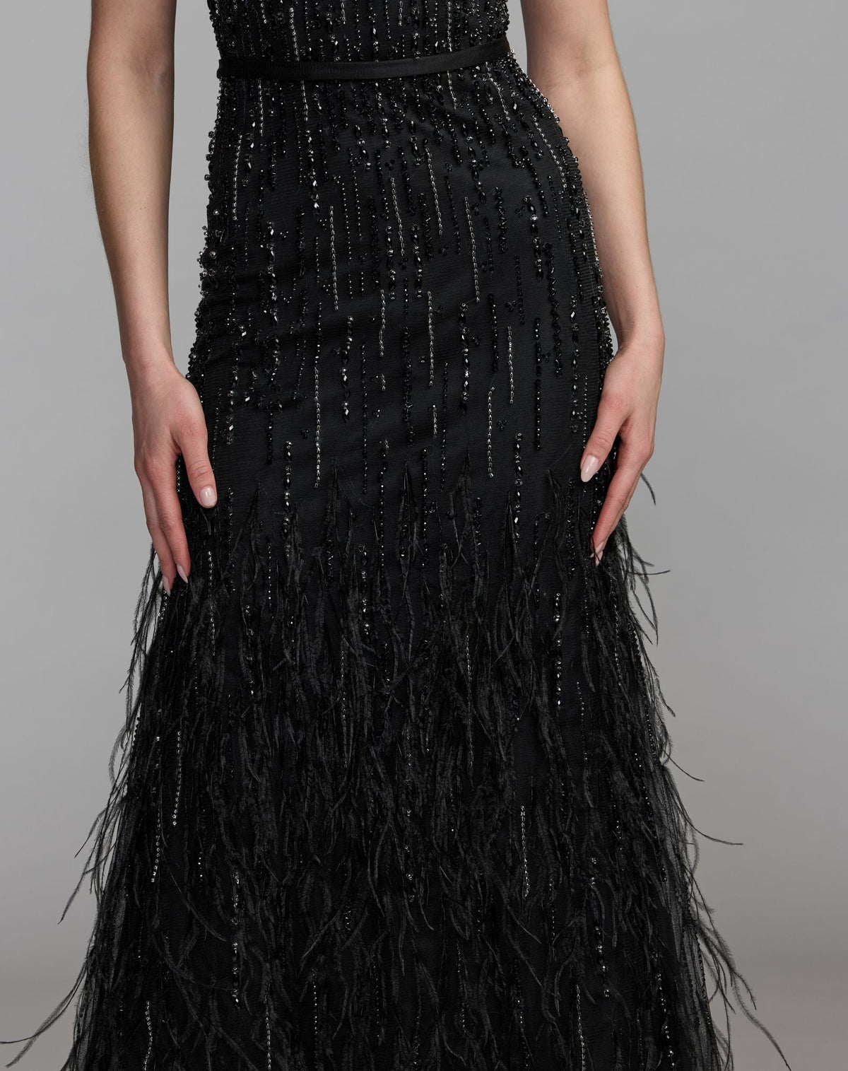 Mac Duggal Black Rhinestone Embellished Illusion Neck Feather Gown