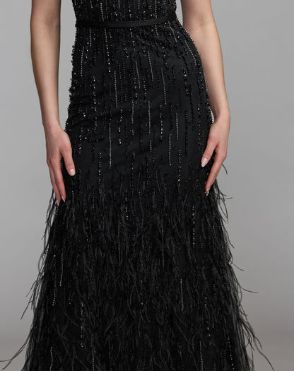 Mac Duggal Black Rhinestone Embellished Illusion Neck Feather Gown