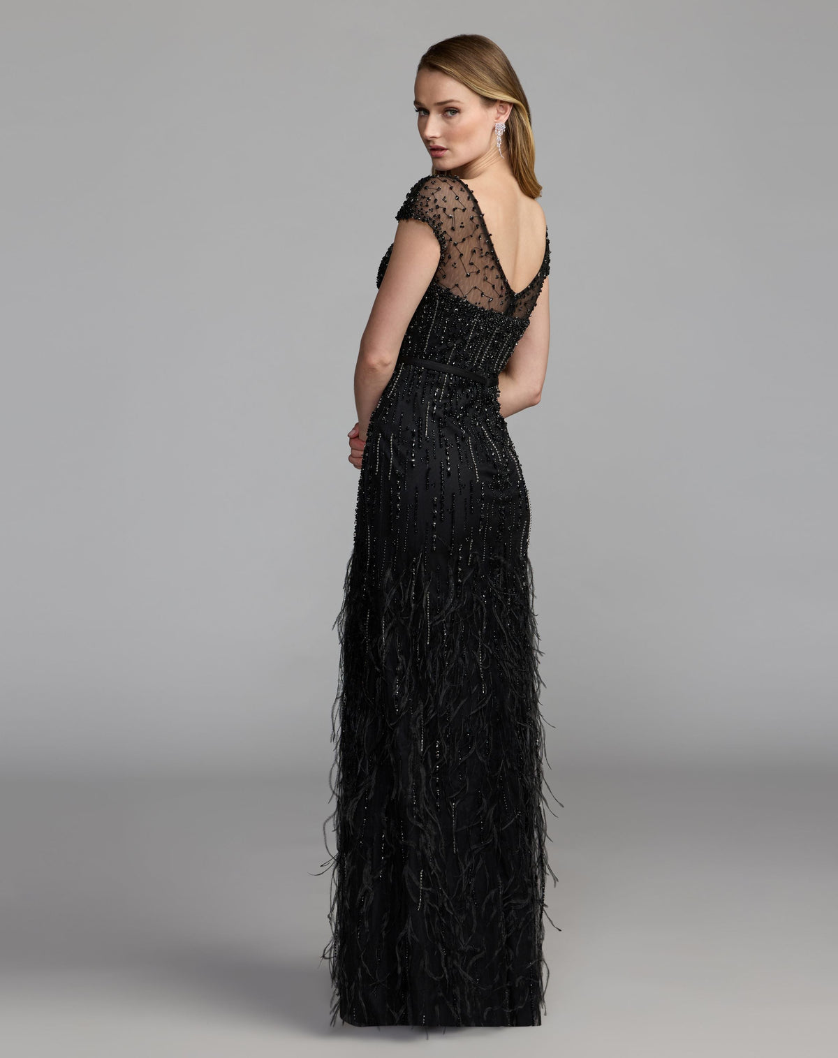 Mac Duggal Black Rhinestone Embellished Illusion Neck Feather Gown