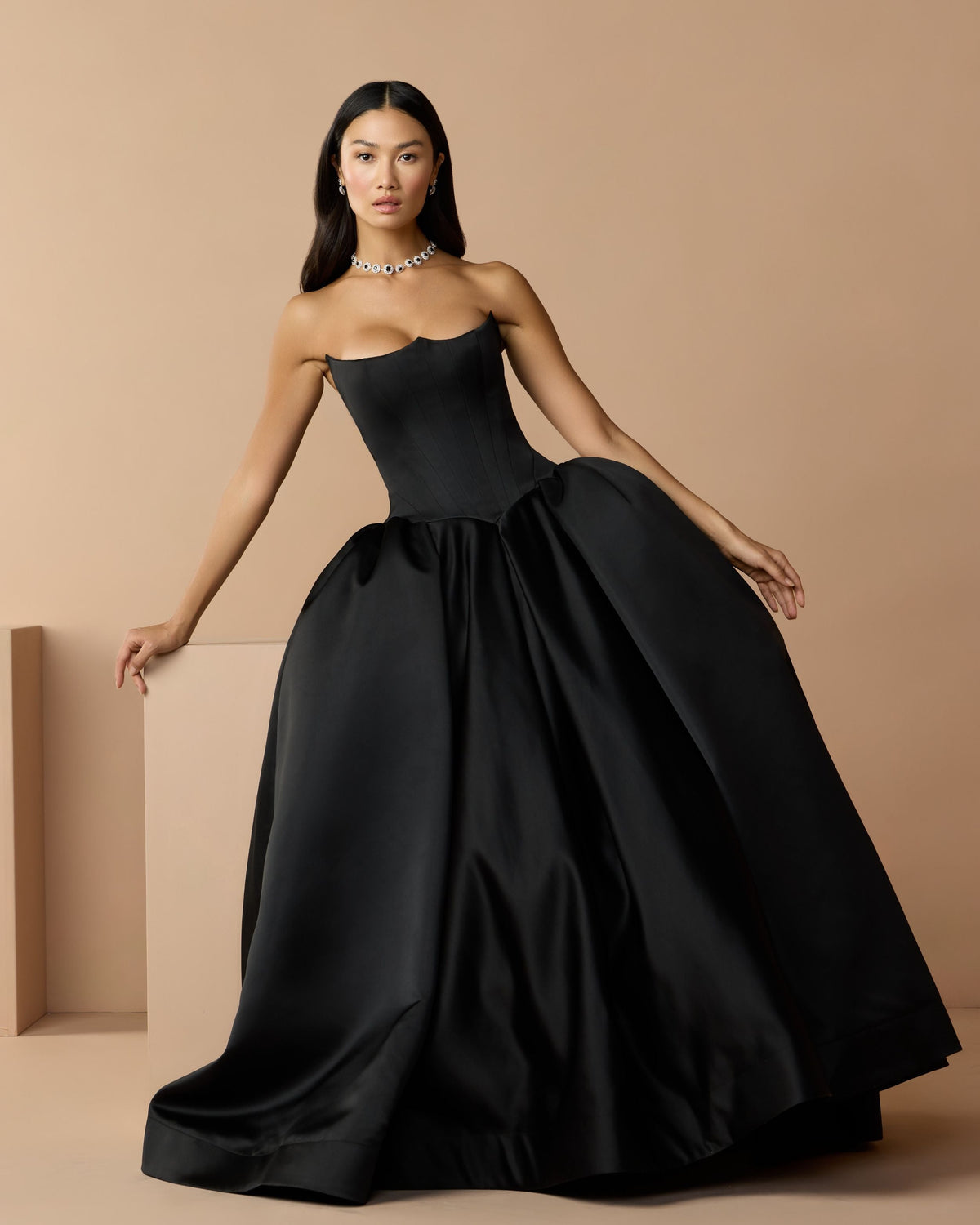 Mac Duggal Black Strapless Satin Corset Ball Gown