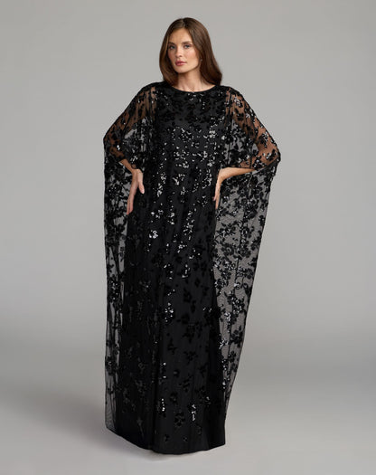 Mac Duggal Black Sequin Embellished High Neck Kaftan Gown