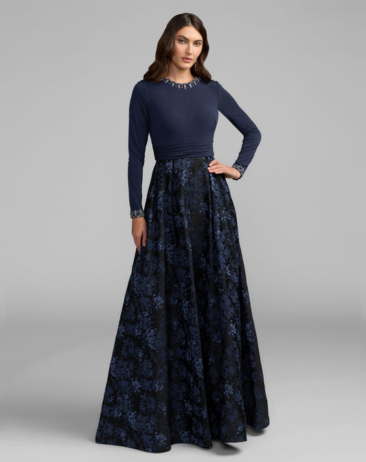 Mac Duggal Petite Navy Floral Brocade A-Line Gown With Pockets