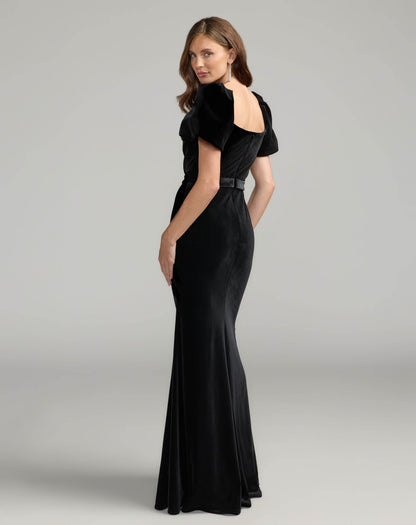 Mac Duggal Black Velvet Puff Sleeve Trumpet Gown