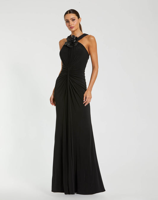 Mac Duggal Black Jersey Halter Neck Gown With 3D Flower