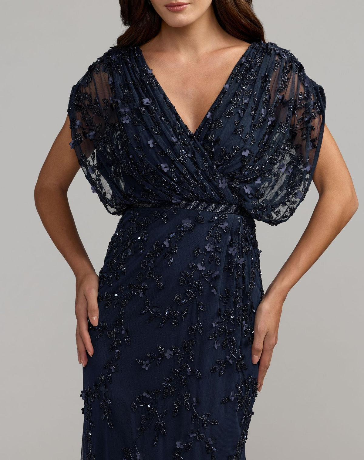 Mac Duggal Navy Beaded V-Neck Short Sleeve Blouson Gown