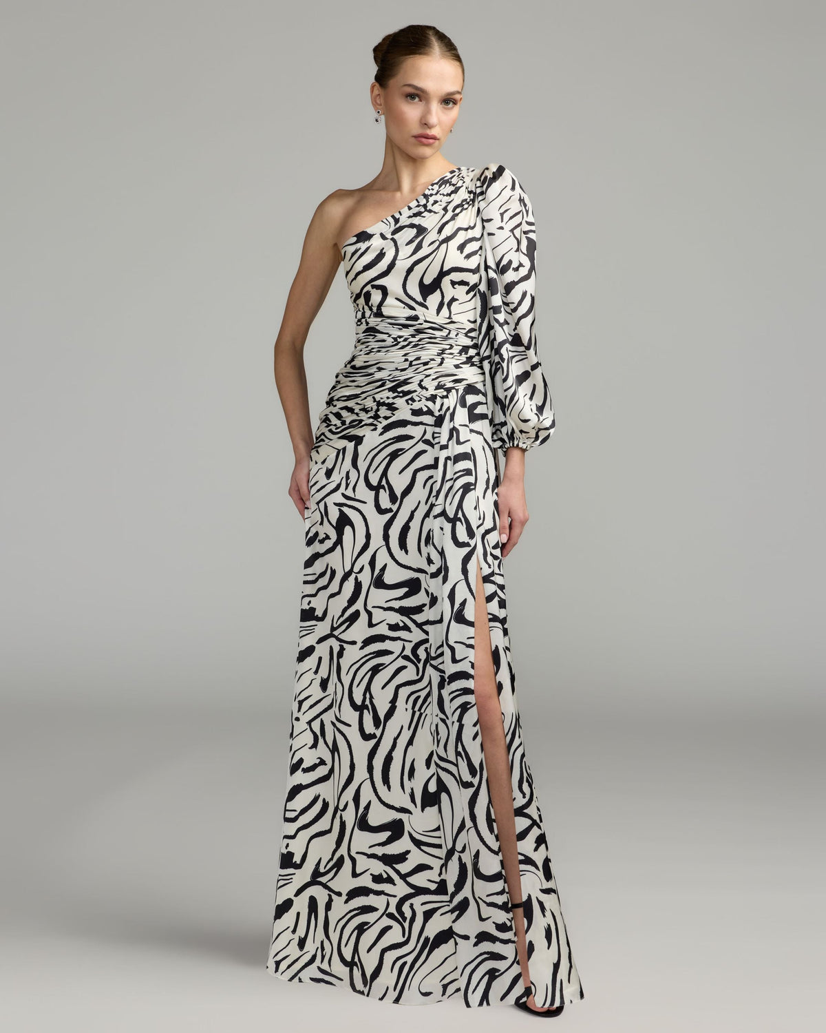 Mac Duggal White Abstract Print One Shoulder Gown With Slit