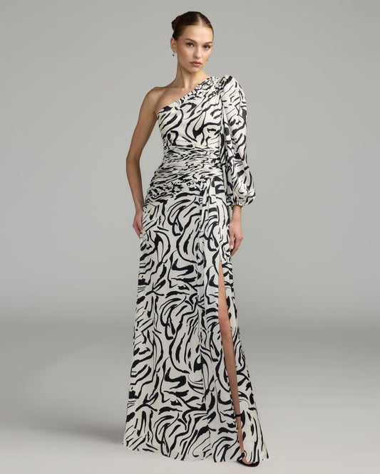 Mac Duggal White Abstract Print One Shoulder Gown With Slit