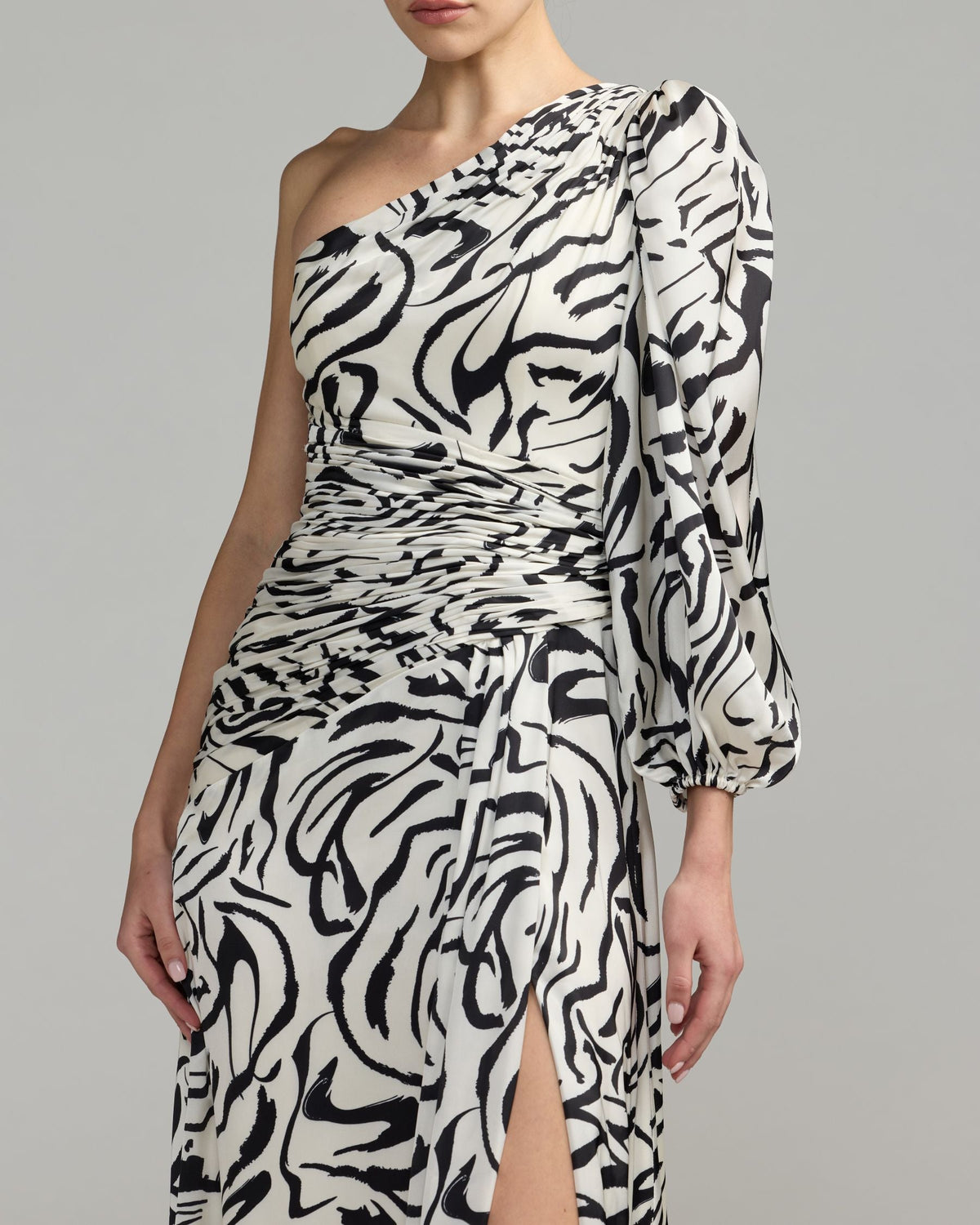Mac Duggal White Abstract Print One Shoulder Gown With Slit