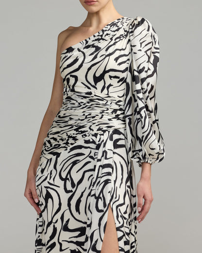 Mac Duggal White Abstract Print One Shoulder Gown With Slit