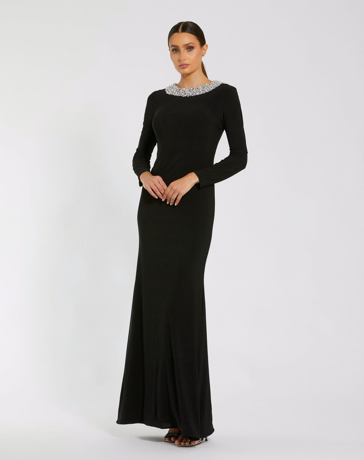 Mac Duggal Petite Black Long Sleeve Embellished High Neck Jersey Gown