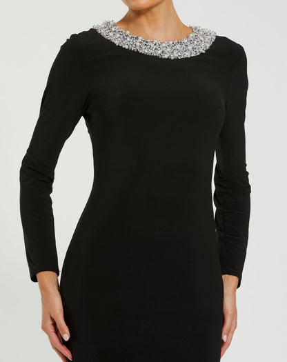 Mac Duggal Petite Black Long Sleeve Embellished High Neck Jersey Gown