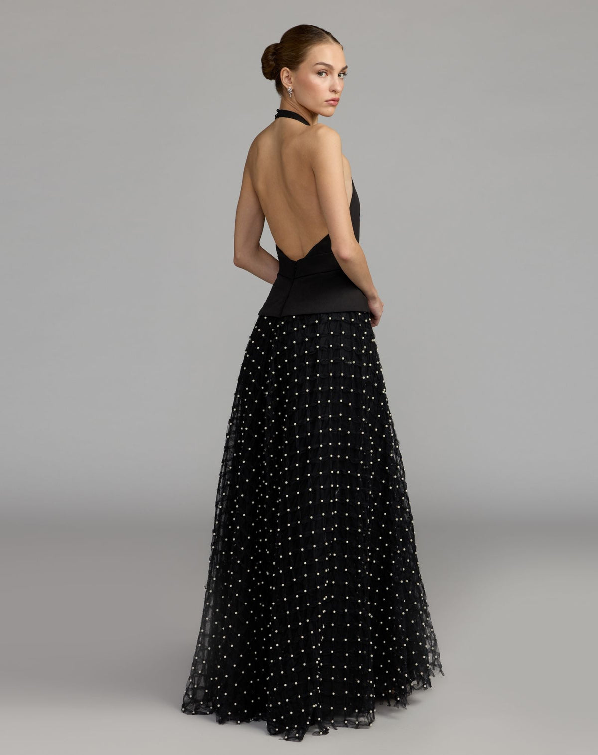 Mac Duggal Black Halter Pearl Embellished A-Line Gown