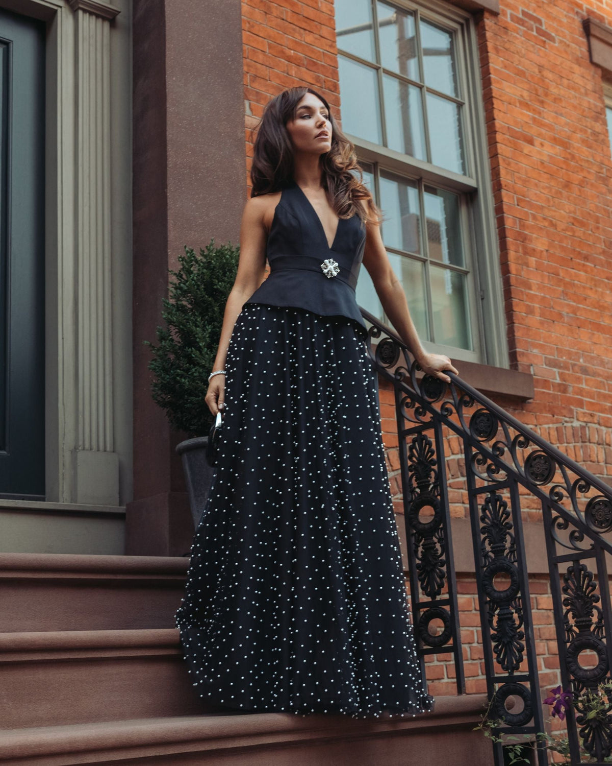 Mac Duggal Black Halter Pearl Embellished A-Line Gown