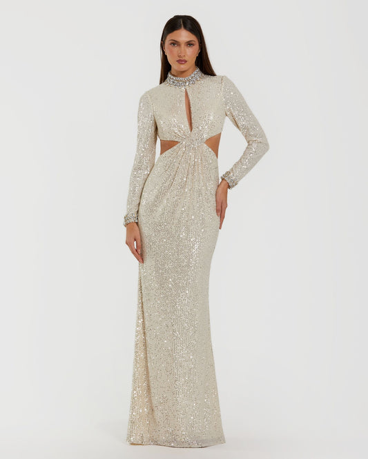 Mac Duggal Ivory Long Sleeve Sequin Cutout Gown