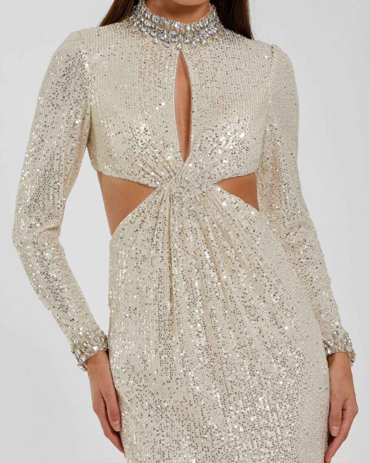 Mac Duggal Ivory Long Sleeve Sequin Cutout Gown