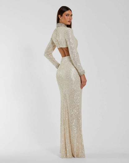 Mac Duggal Ivory Long Sleeve Sequin Cutout Gown